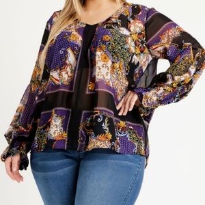 NWT Ashley Stewart Multicolor Scarf Semi Sheer Peasant Sleeve Top Size 22/24